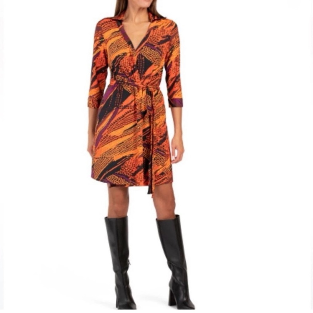 Flora Bea Nyc Orange Milo Mini Dress Wrap Front  3/4 sleeves Size X-Large
